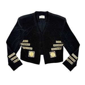 Vintage Cache Black Ponte Cropped Bolero Jacket Gold Studded Lion Head Military